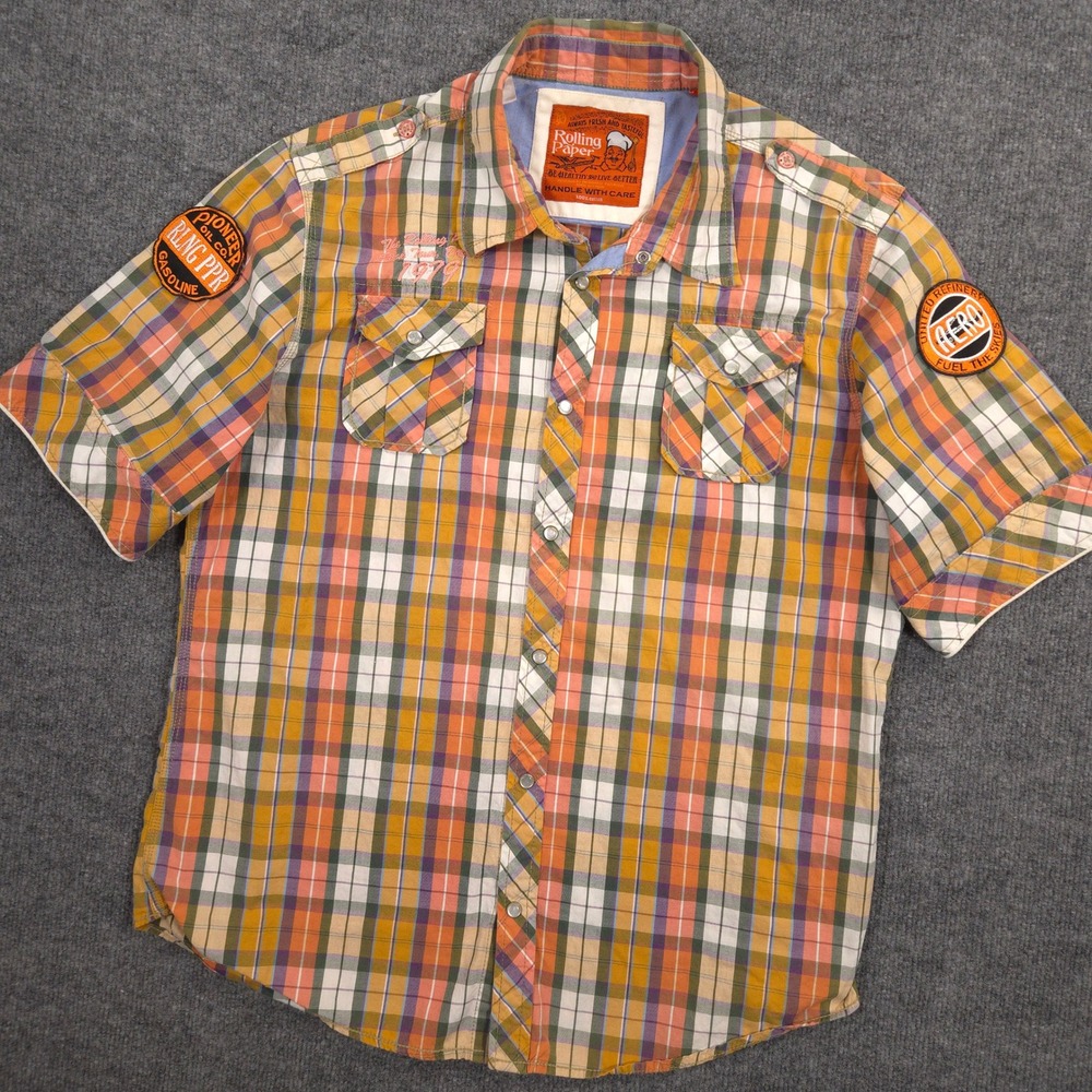 Rolling Paper Shirt Mens XL Colorful Plaid Patches Embroidered Pearl Snap Casual
